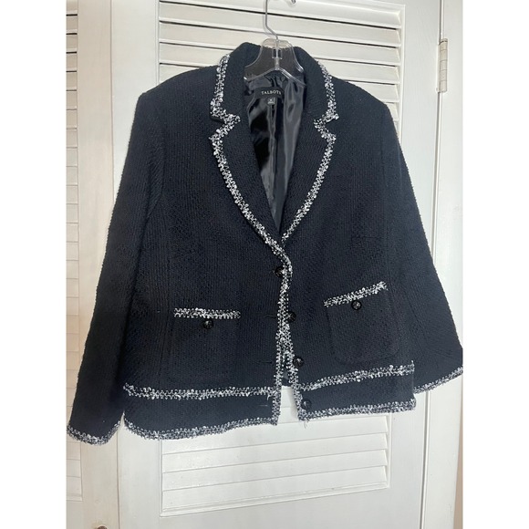 Talbots Jackets & Blazers - Talbots Womens Black Cotton Tweed Blazer Jacket White Braided Trim Size 16 NWOT
